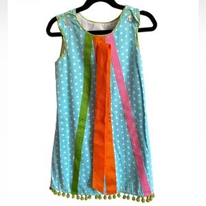 La Jenns Polka Dot Ribbon Dress Button Shoulders Pom Pom Hem Size 4T